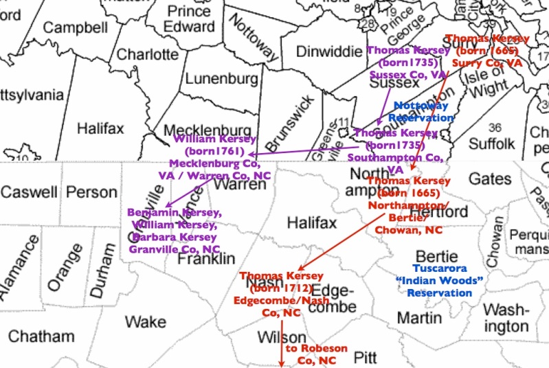 Map showing the movement of the Kersey family from Weyanoke territory in Virginia into North Carolina. In red is the movement of Thomas Kersey (born 1665) whose Kersey family is ancestral to the Lumbee Tribe. In purple is Thomas Kersey (born 1735) whose Kersey family is ancestral to Granville County. In blue are locations of the Nottoway Reservation and the Tuscarora Reservation. © Kianga Lucas