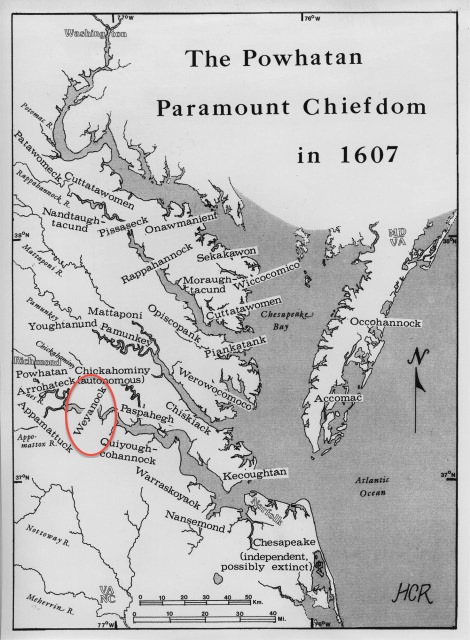 Map of the Powhatan Confederacy in 1607. The Weyanoke tribe is circled in red. Source: Helen Rountree