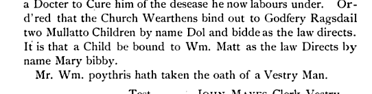 Mary Bibby is bound to William Matthews on July 24, 1727 by the churchwardens of Bristol Parish. The shorthand spelling of the Matthews' surname is shown as 