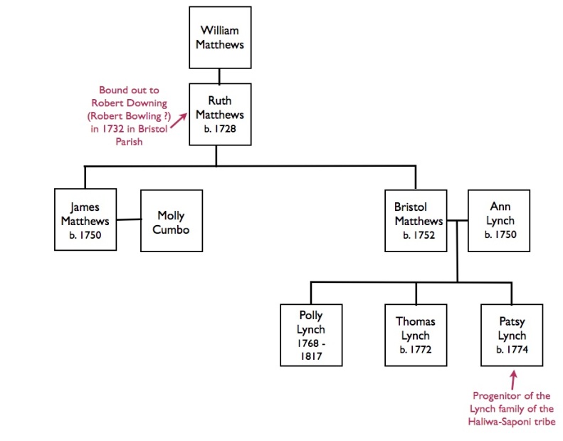 Family tree of Ruth Matthews who have been connected to the Saponi Indian cabins. © Kianga Lucas
