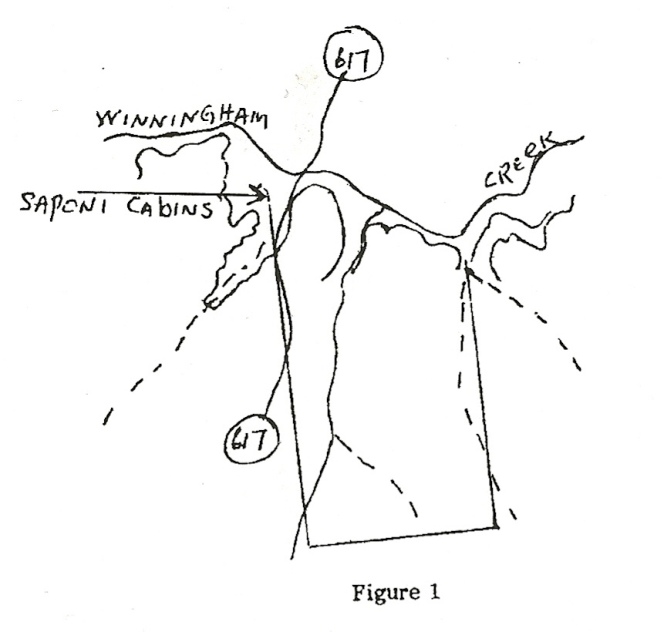 Map hand drawn by archaeologist C. G. Holland showing the location of the Saponi cabins, south of Winningham Creek, and west of route 617. Source: http://nativeheritageproject.com/2012/12/04/sappone-indians-cabbins/
