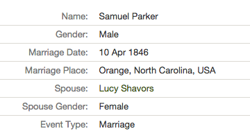 Samuel Parker married Lucy Chavis on Apr 10, 1846 in Orange Co. Source: North Carolina County Registers of Deeds. Microfilm. Record Group 048. North Carolina State Archives, Raleigh, NC.