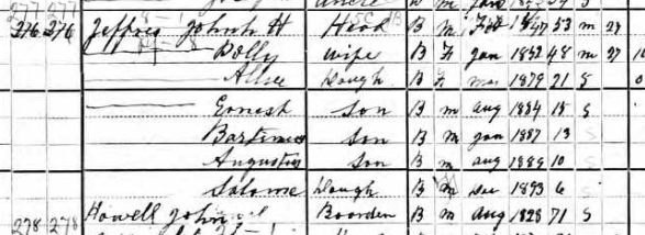 That's John Howell (b. 1834), son of William Howell and Margaret Pettiford, residing in the household of John Hutson Jeffries and wife Mary Jane Jeffries. The couple are buried at Martin's Chapel Cemetery. Source: Year: 1900; Census Place: Pleasant Grove, Alamance, North Carolina; Roll: 1180; Page: 15A; Enumeration District: 0011; FHL microfilm: 1241180